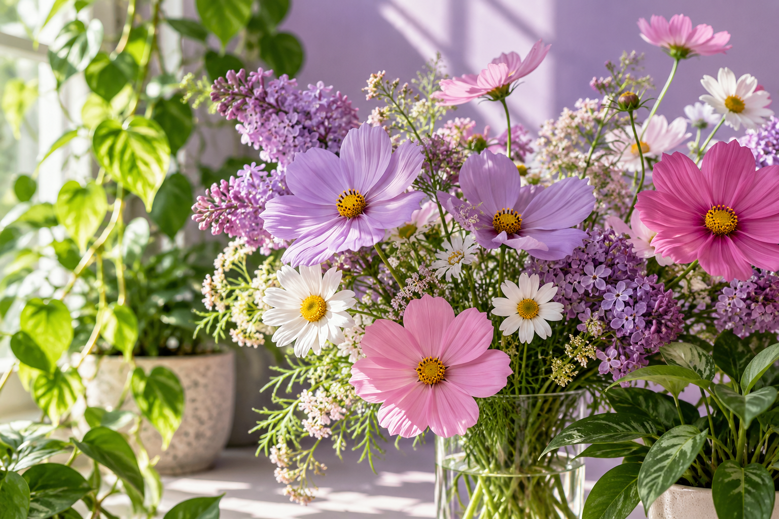 Pink and lilac flowers among sunlit green plants