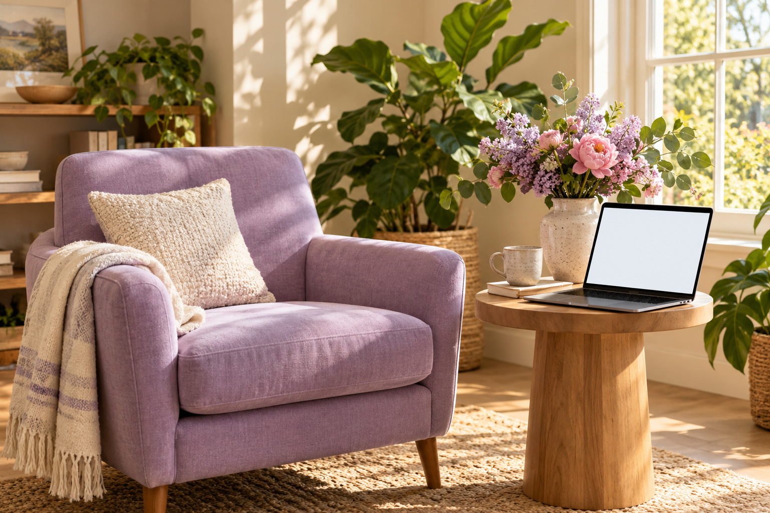 A sunlit home nook with a laptop, leafy plants, and fresh flowers